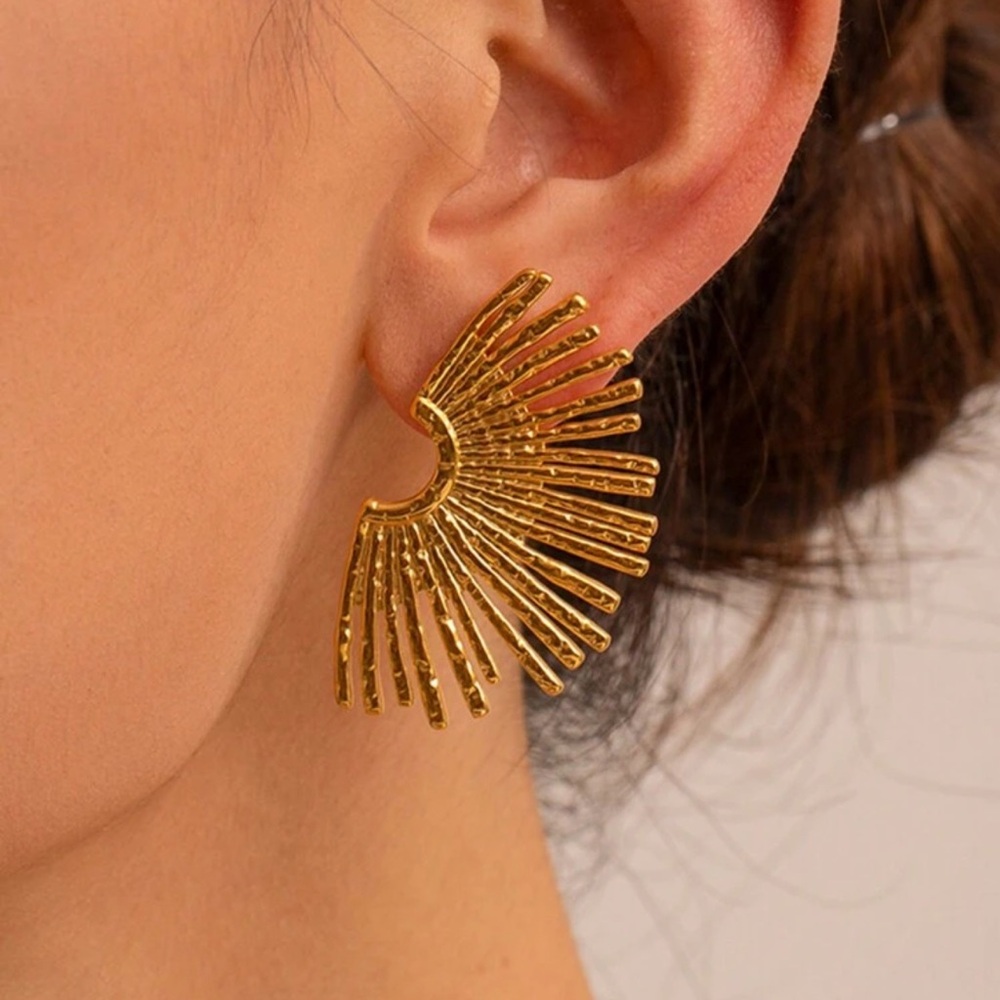 Gold Plated Stainless Steel Hammered Fan Statement Earrings